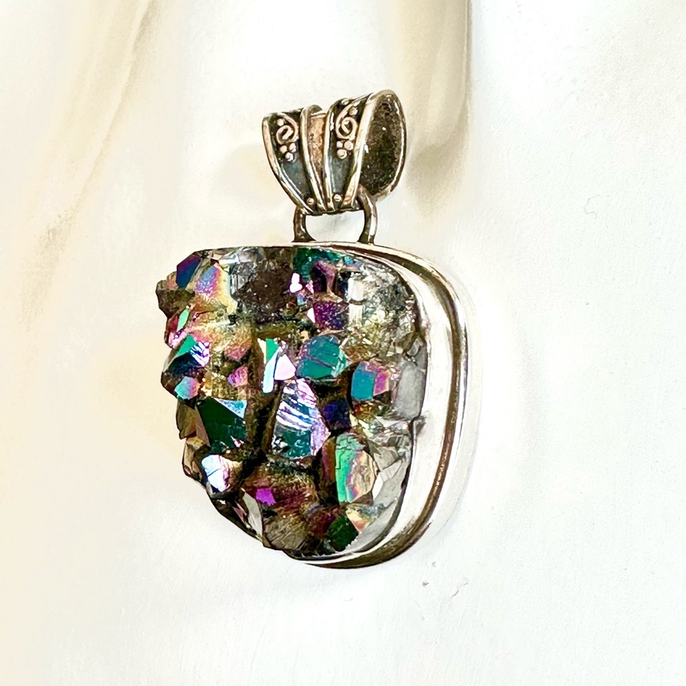 Sterling w druzy stones crystals geodes handcrafted pendant OOAK artist signed